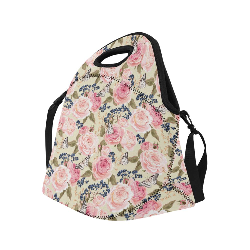 Floral Pink Butterfly Print Neoprene Lunch Bag (Model 1669)(Large)-JTAMIGO.COM