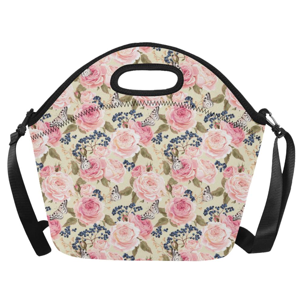 Floral Pink Butterfly Print Neoprene Lunch Bag (Model 1669)(Large)-JTAMIGO.COM