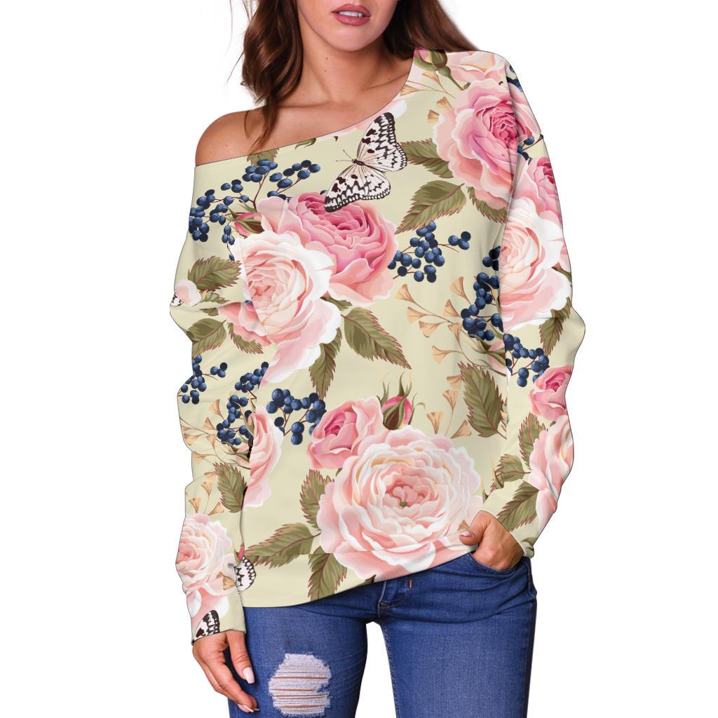 Floral Pink Butterfly Print Off Shoulder Sweatshirt