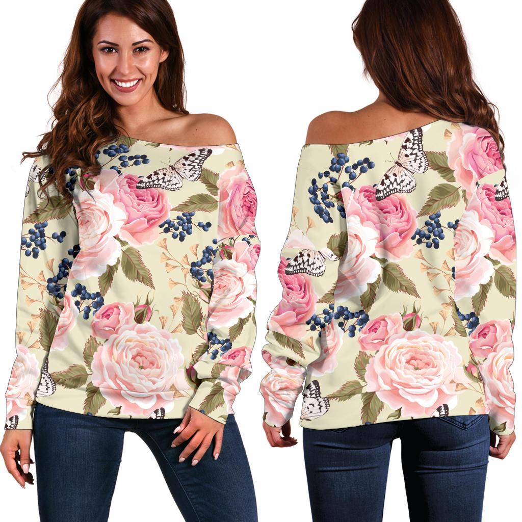 Floral Pink Butterfly Print Off Shoulder Sweatshirt