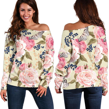 Floral Pink Butterfly Print Off Shoulder Sweatshirt