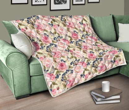 Floral Pink Butterfly Print Premium Quilt-JTAMIGO.COM