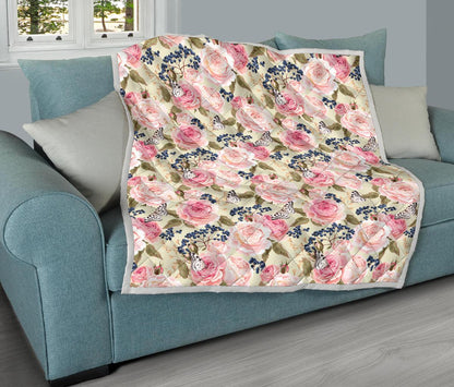 Floral Pink Butterfly Print Premium Quilt-JTAMIGO.COM