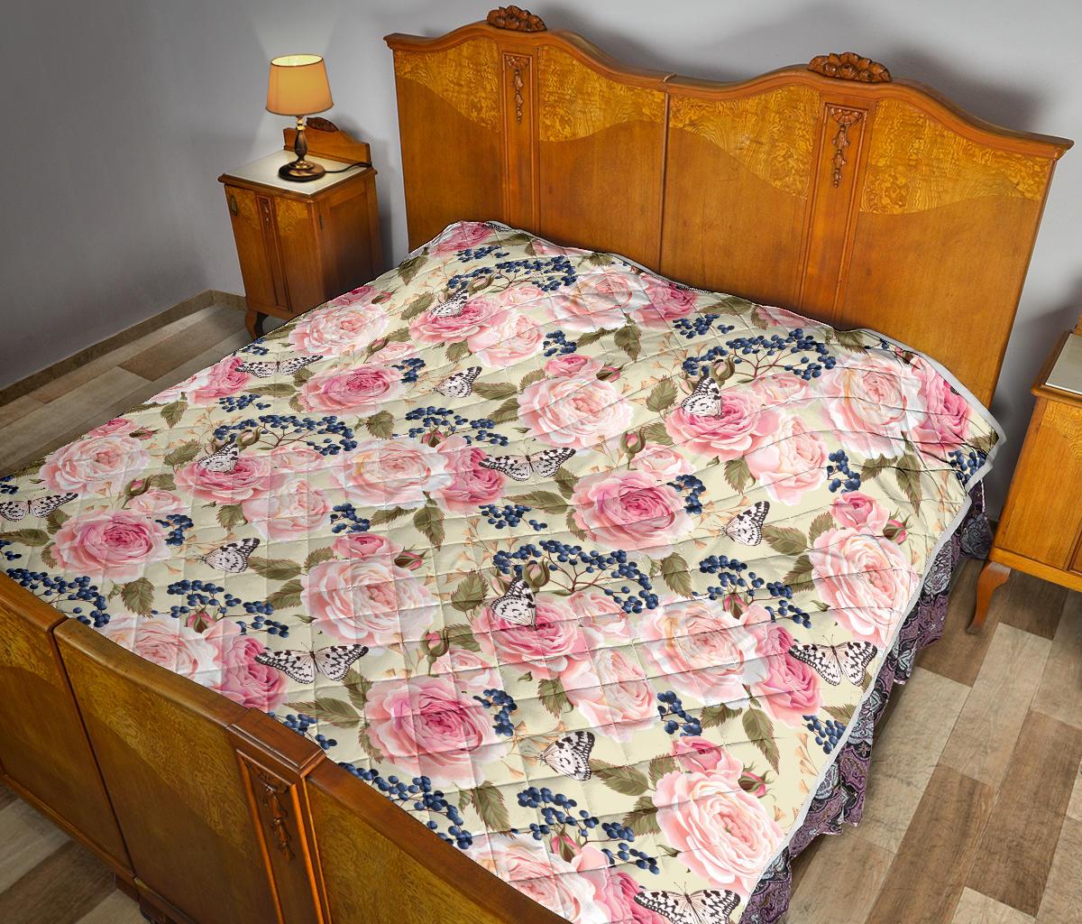 Floral Pink Butterfly Print Premium Quilt-JTAMIGO.COM