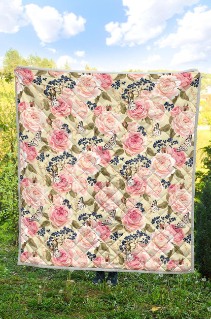 Floral Pink Butterfly Print Premium Quilt-JTAMIGO.COM