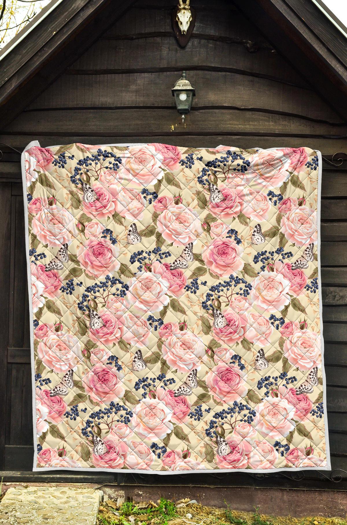 Floral Pink Butterfly Print Premium Quilt-JTAMIGO.COM