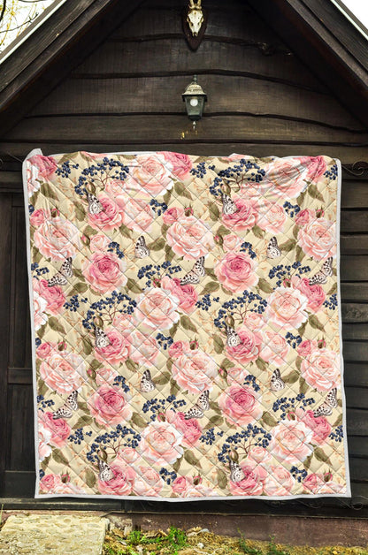 Floral Pink Butterfly Print Premium Quilt-JTAMIGO.COM