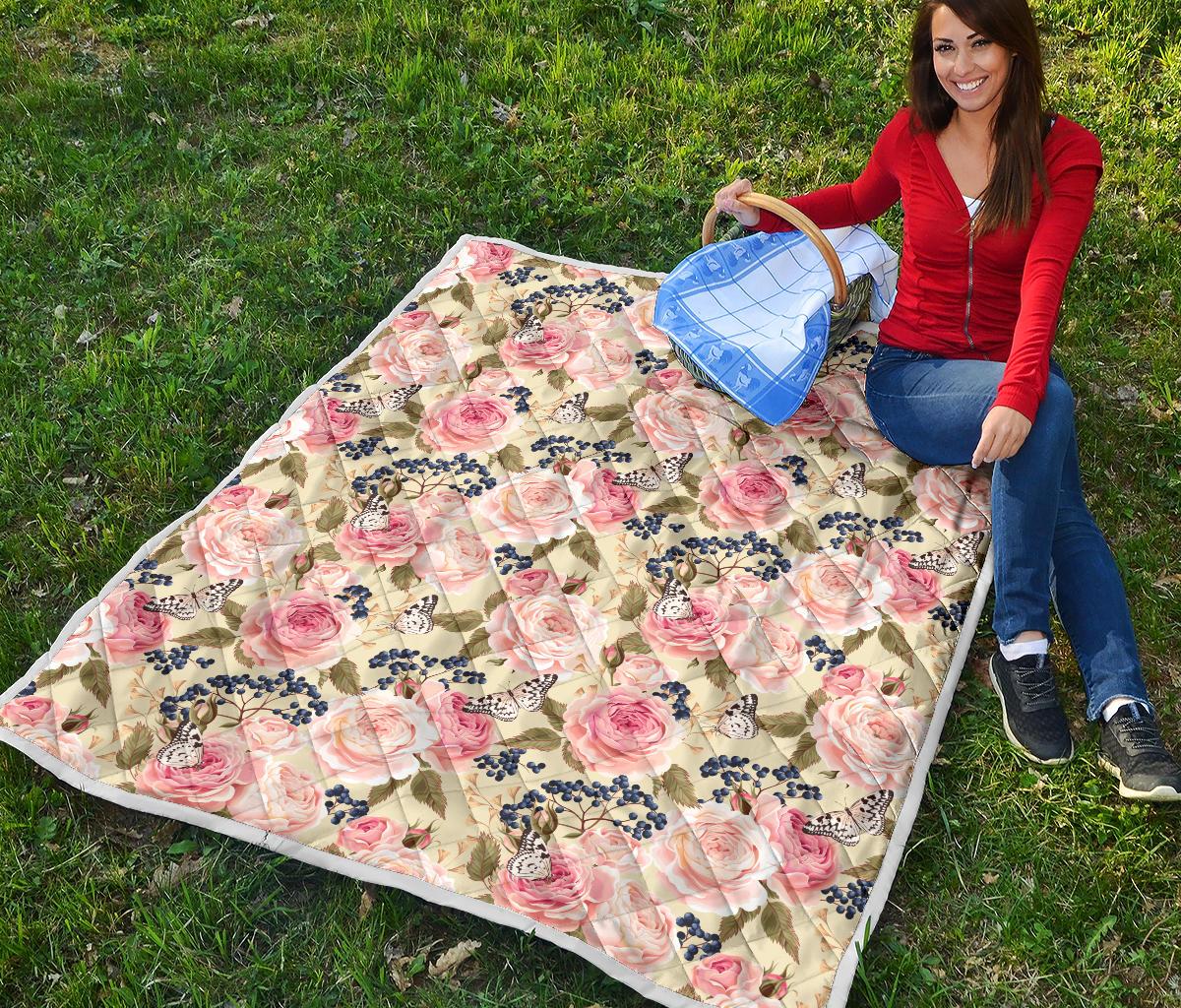 Floral Pink Butterfly Print Premium Quilt-JTAMIGO.COM
