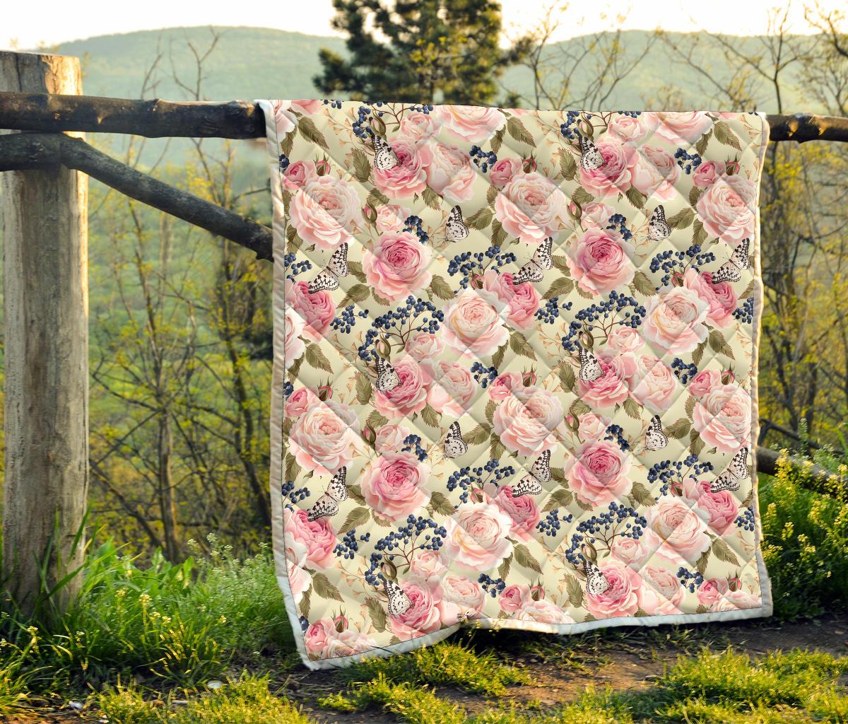 Floral Pink Butterfly Print Premium Quilt-JTAMIGO.COM