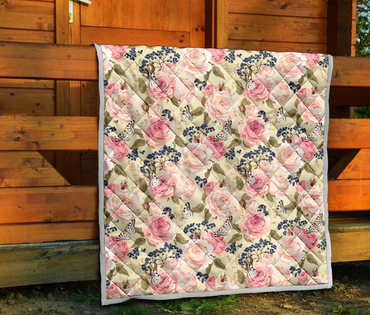 Floral Pink Butterfly Print Premium Quilt-JTAMIGO.COM