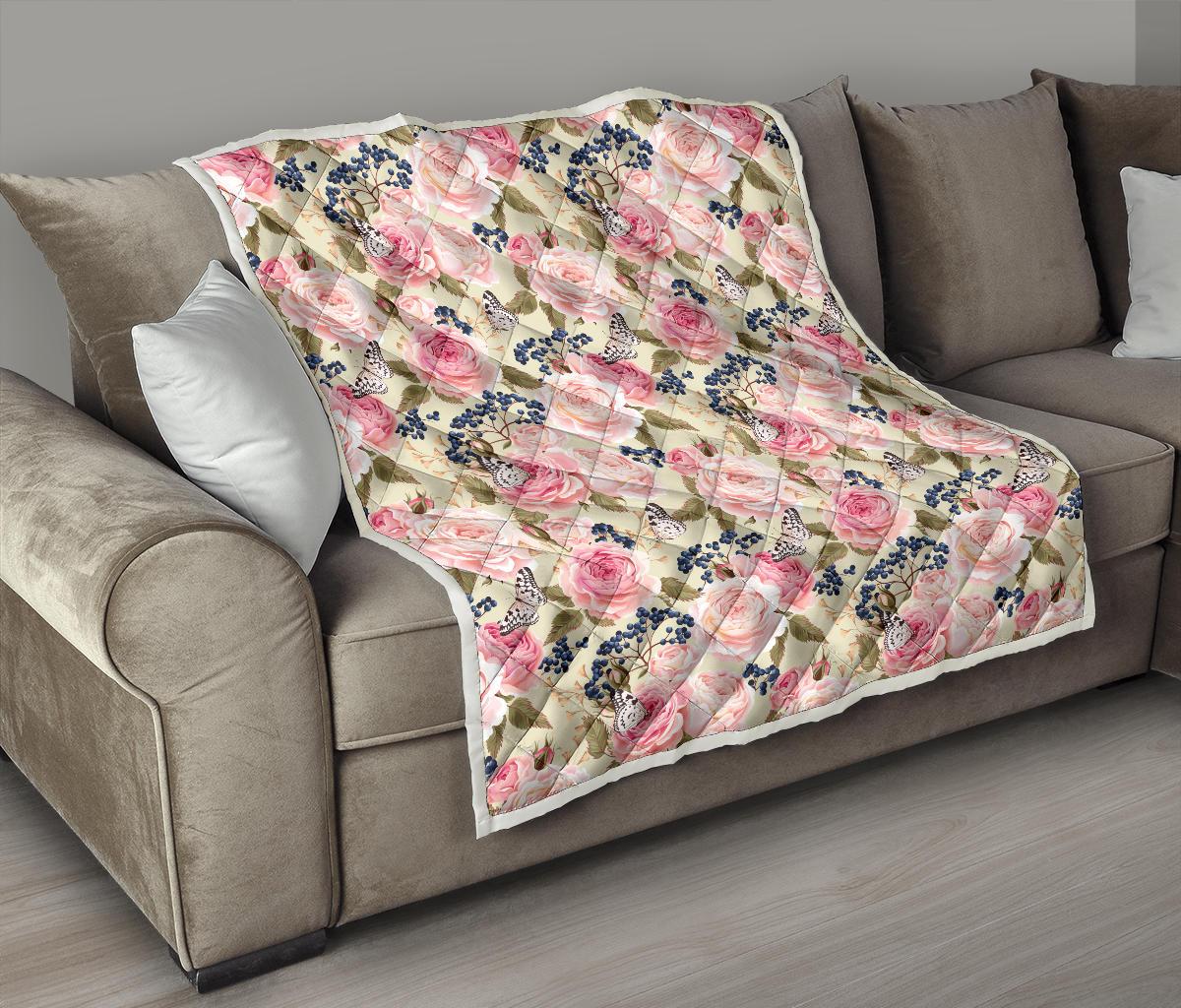 Floral Pink Butterfly Print Premium Quilt-JTAMIGO.COM