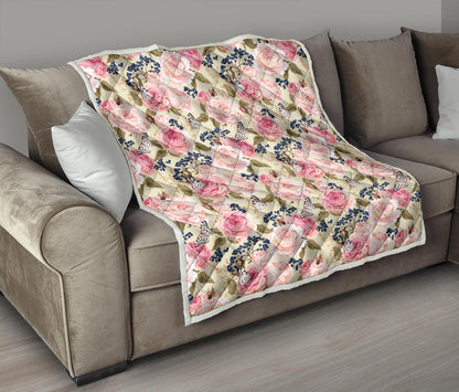 Floral Pink Butterfly Print Premium Quilt-JTAMIGO.COM