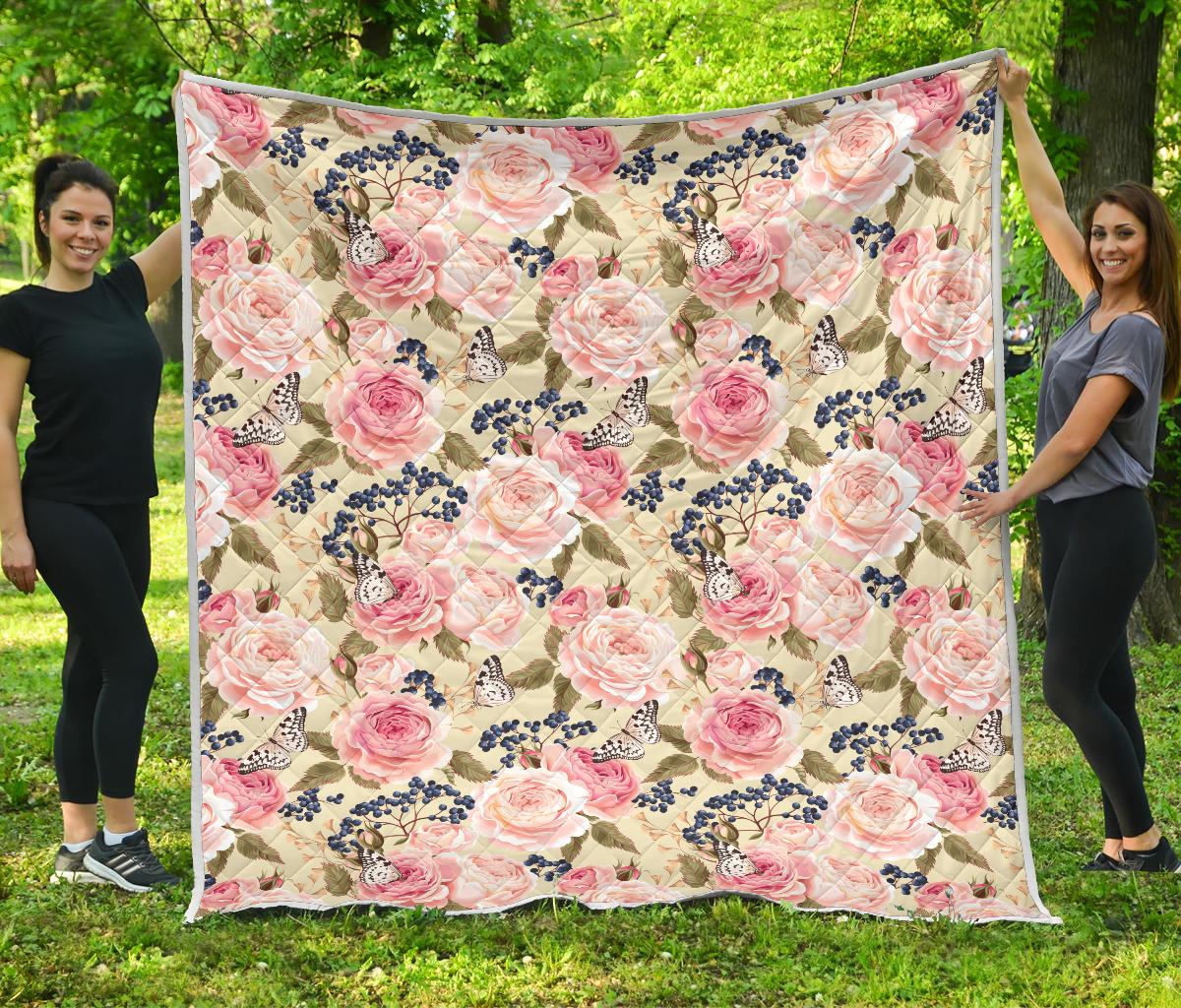 Floral Pink Butterfly Print Premium Quilt-JTAMIGO.COM