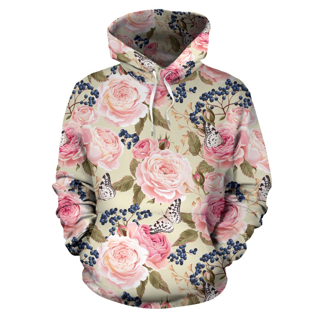 Floral Pink Butterfly Print Pullover Hoodie