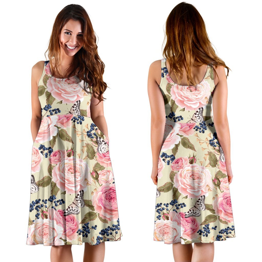 Floral Pink Butterfly Print Sleeveless Dress