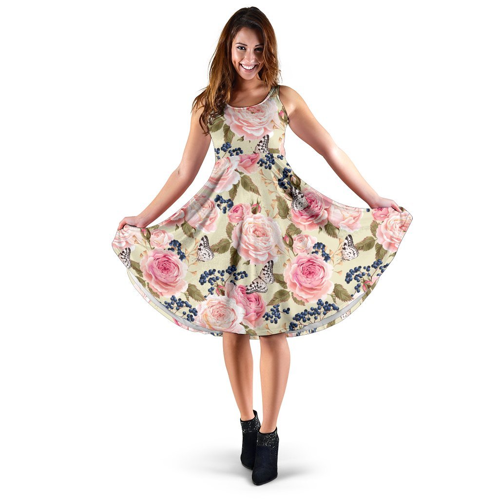 Floral Pink Butterfly Print Sleeveless Dress