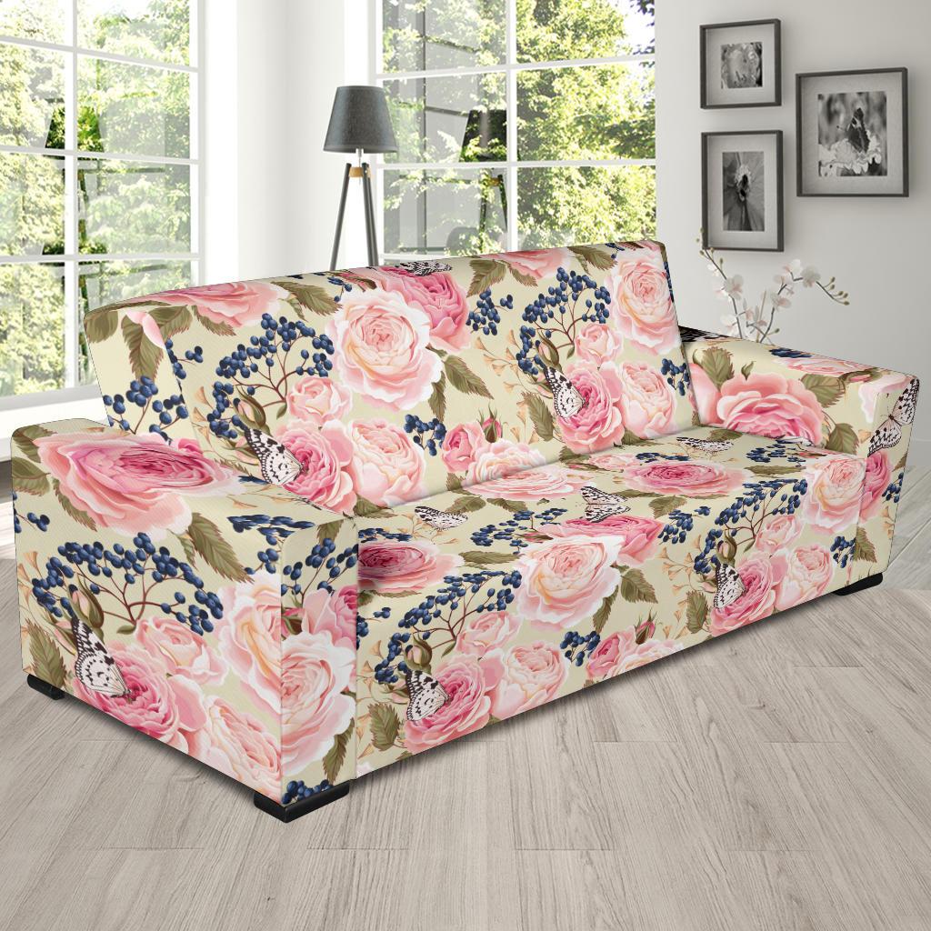 Floral Pink Butterfly Print Sofa Slipcover-JTAMIGO.COM