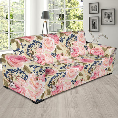 Floral Pink Butterfly Print Sofa Slipcover-JTAMIGO.COM