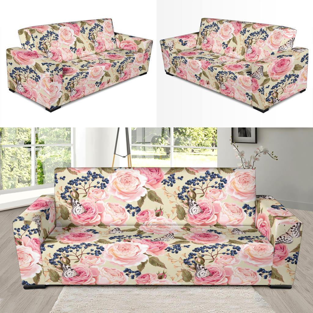 Floral Pink Butterfly Print Sofa Slipcover-JTAMIGO.COM