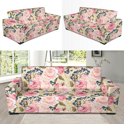 Floral Pink Butterfly Print Sofa Slipcover-JTAMIGO.COM
