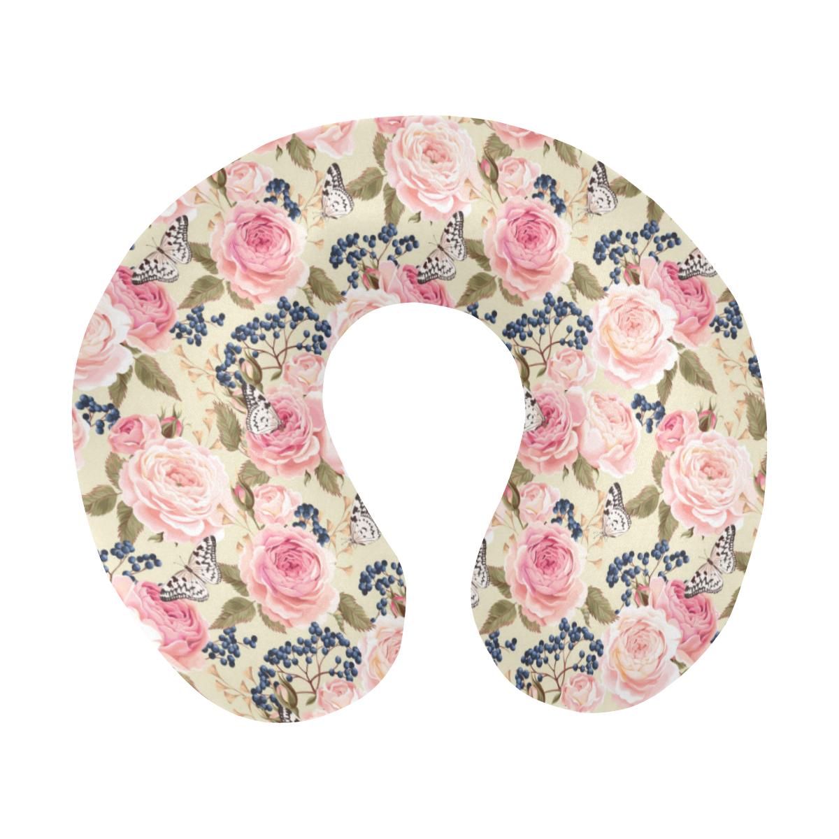 Floral Pink Butterfly Print U-Shaped Travel Neck Pillow-JTAMIGO.COM