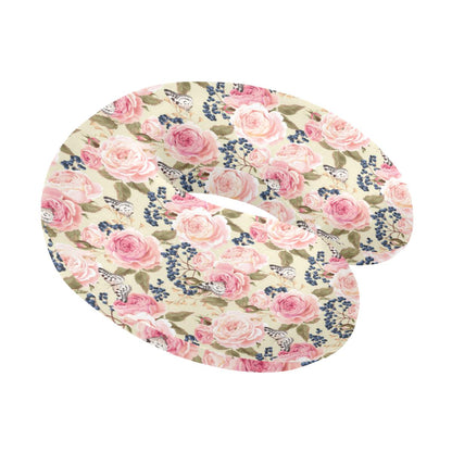 Floral Pink Butterfly Print U-Shaped Travel Neck Pillow-JTAMIGO.COM