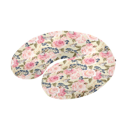 Floral Pink Butterfly Print U-Shaped Travel Neck Pillow-JTAMIGO.COM
