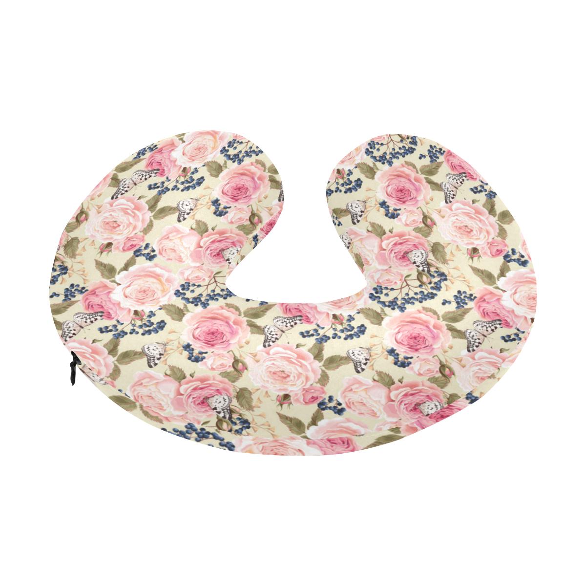Floral Pink Butterfly Print U-Shaped Travel Neck Pillow-JTAMIGO.COM