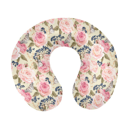 Floral Pink Butterfly Print U-Shaped Travel Neck Pillow-JTAMIGO.COM
