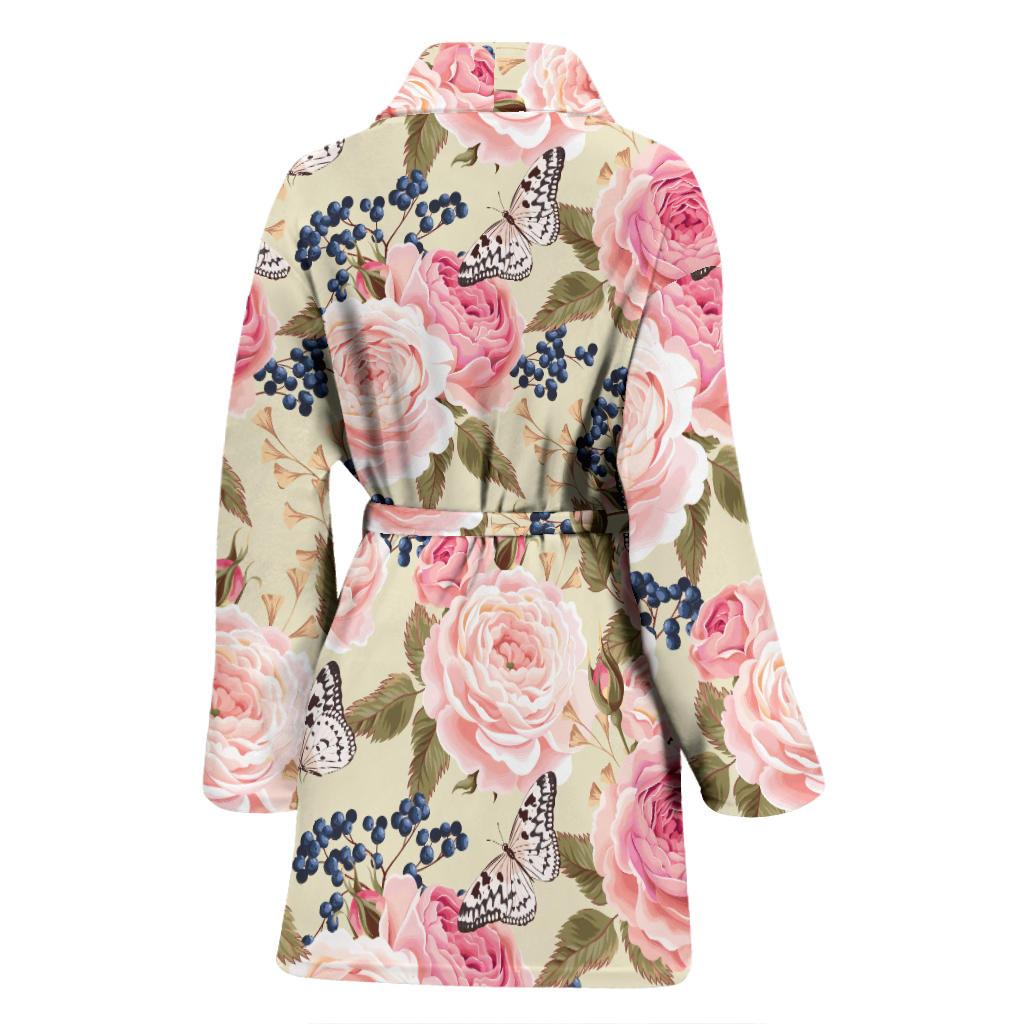 Floral Pink Butterfly Print Women Bath Robe-JTAMIGO.COM