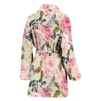 Floral Pink Butterfly Print Women Bath Robe-JTAMIGO.COM