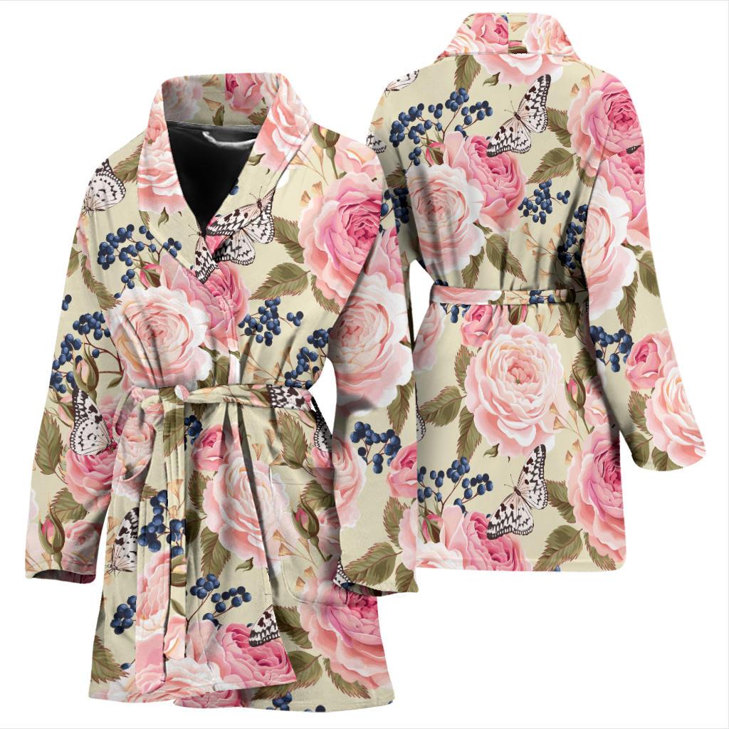 Floral Pink Butterfly Print Women Bath Robe-JTAMIGO.COM