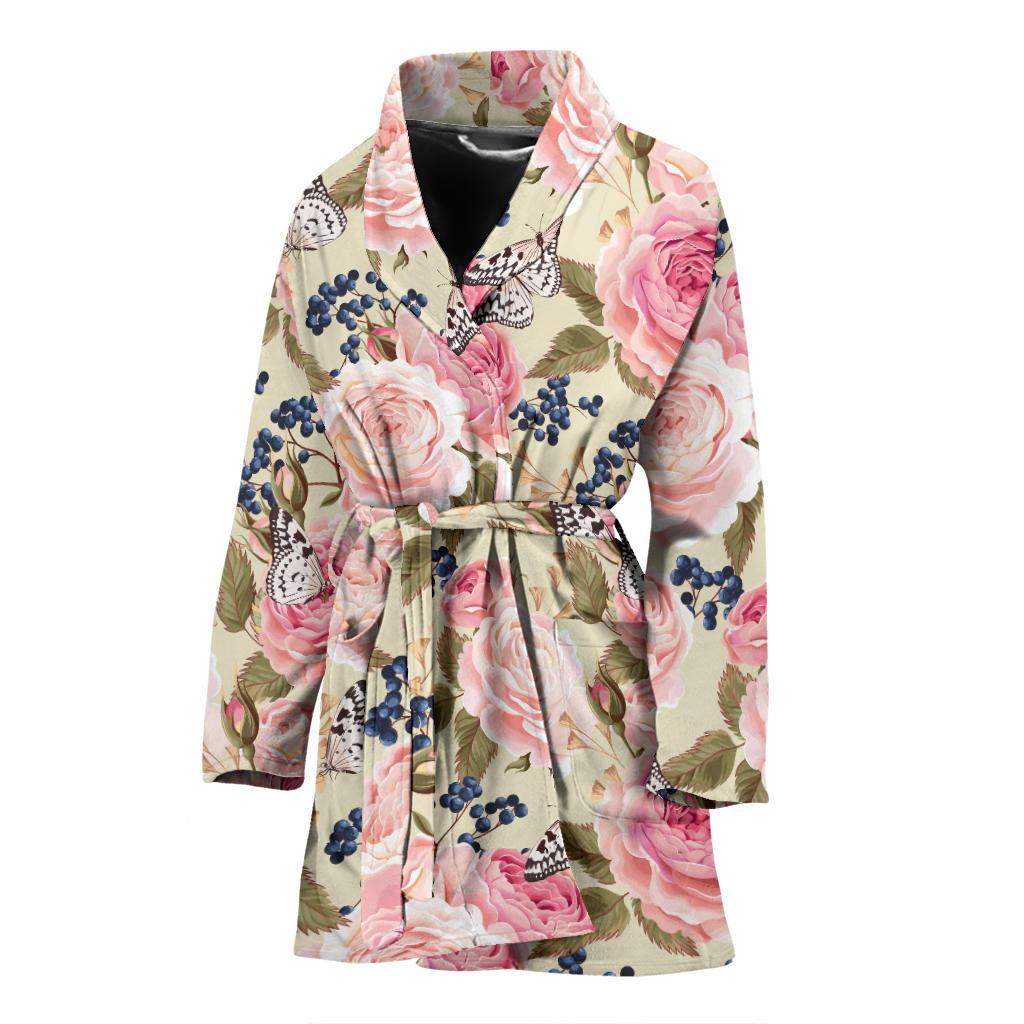 Floral Pink Butterfly Print Women Bath Robe-JTAMIGO.COM