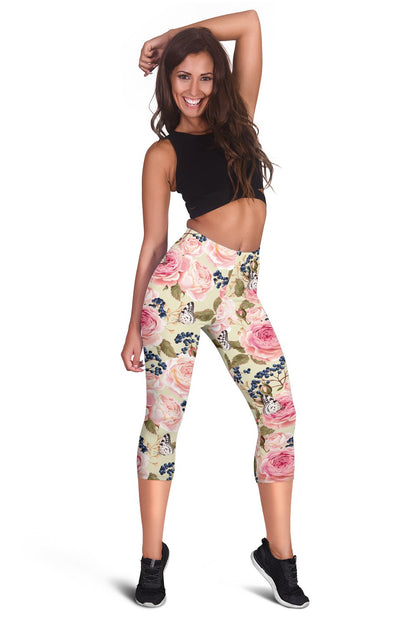 Floral Pink Butterfly Print Women Capris