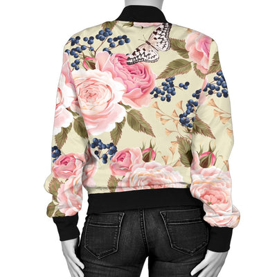 Floral Pink Butterfly Print Women Casual Bomber Jacket