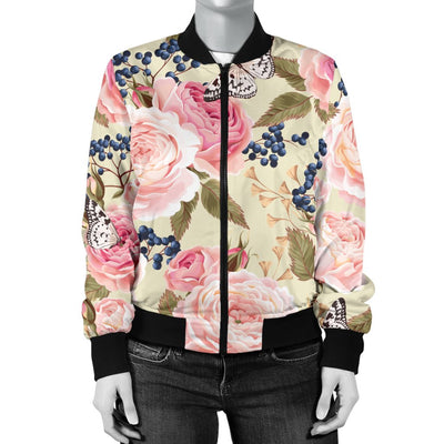 Floral Pink Butterfly Print Women Casual Bomber Jacket