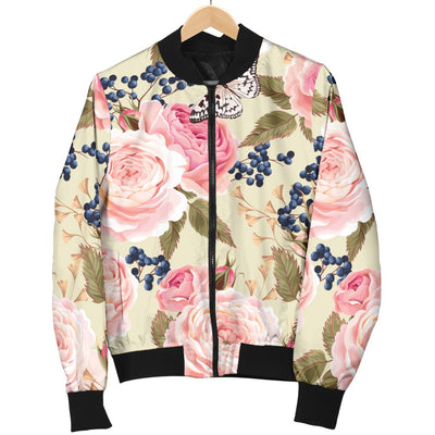 Floral Pink Butterfly Print Women Casual Bomber Jacket