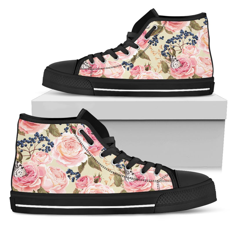 Floral Pink Butterfly Print Women High Top Shoes