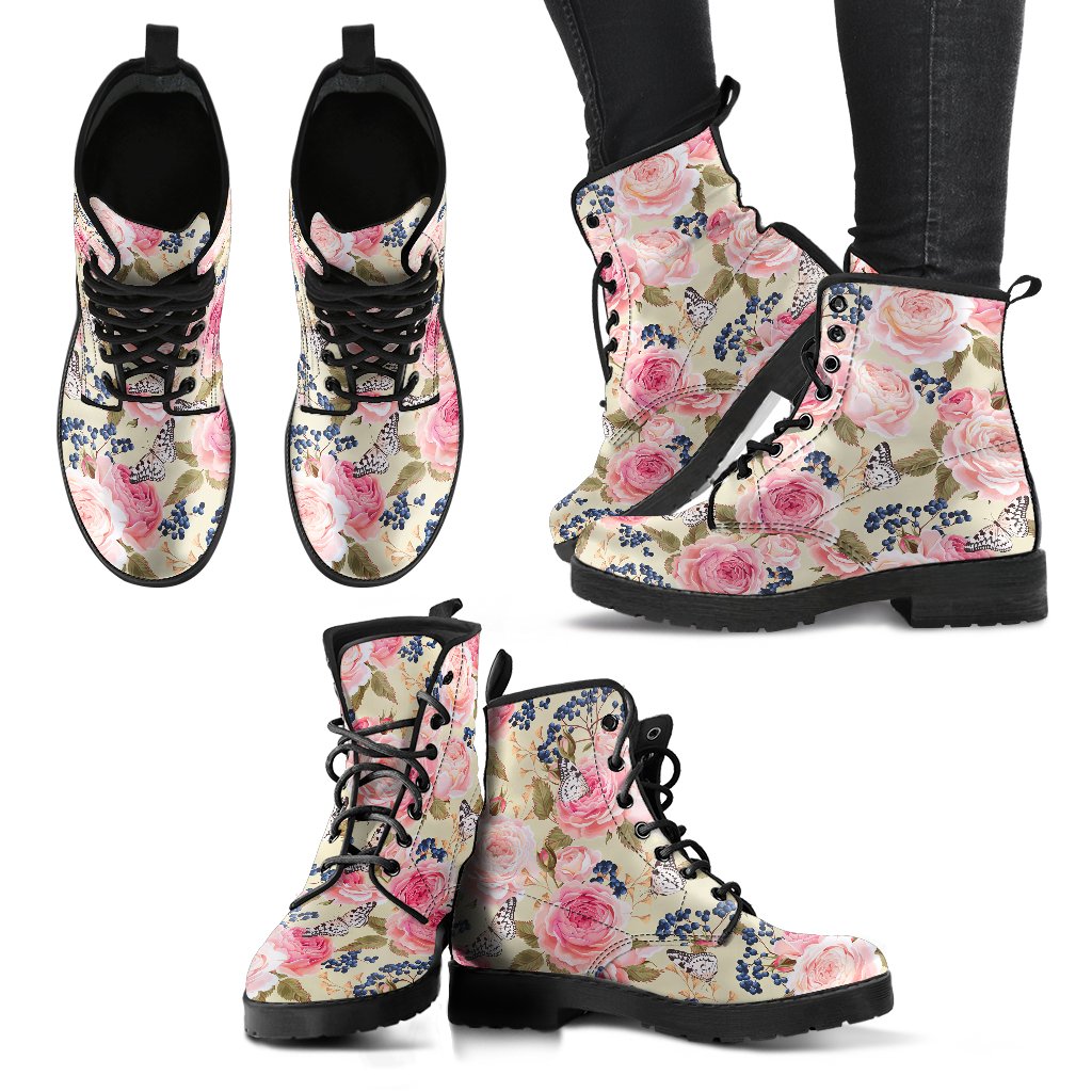 Floral Pink Butterfly Print Women Leather Boots-JTAMIGO.COM