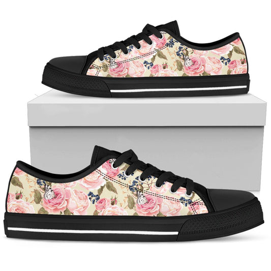Floral Pink Butterfly Print Women Low Top Shoes