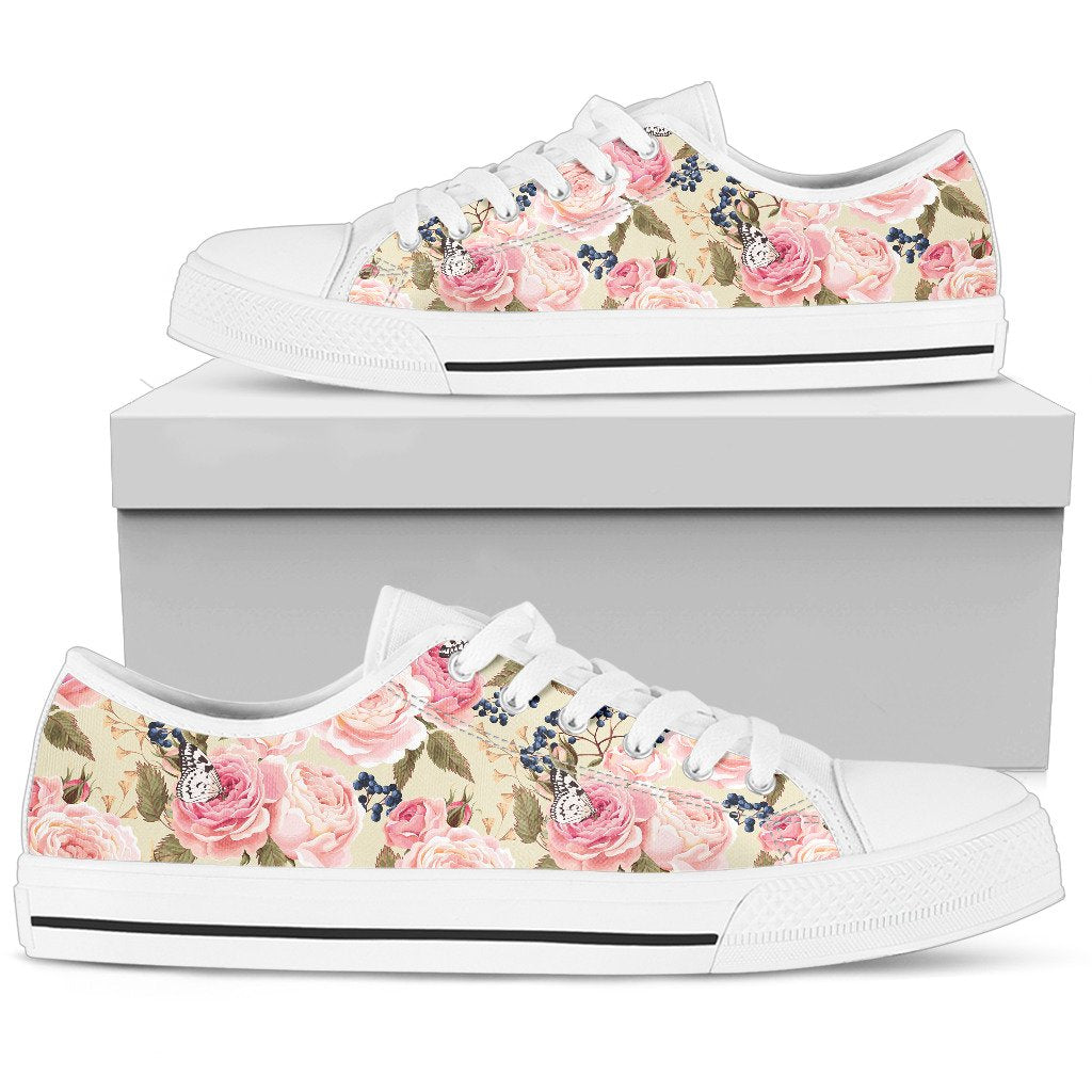 Floral Pink Butterfly Print Women Low Top Shoes