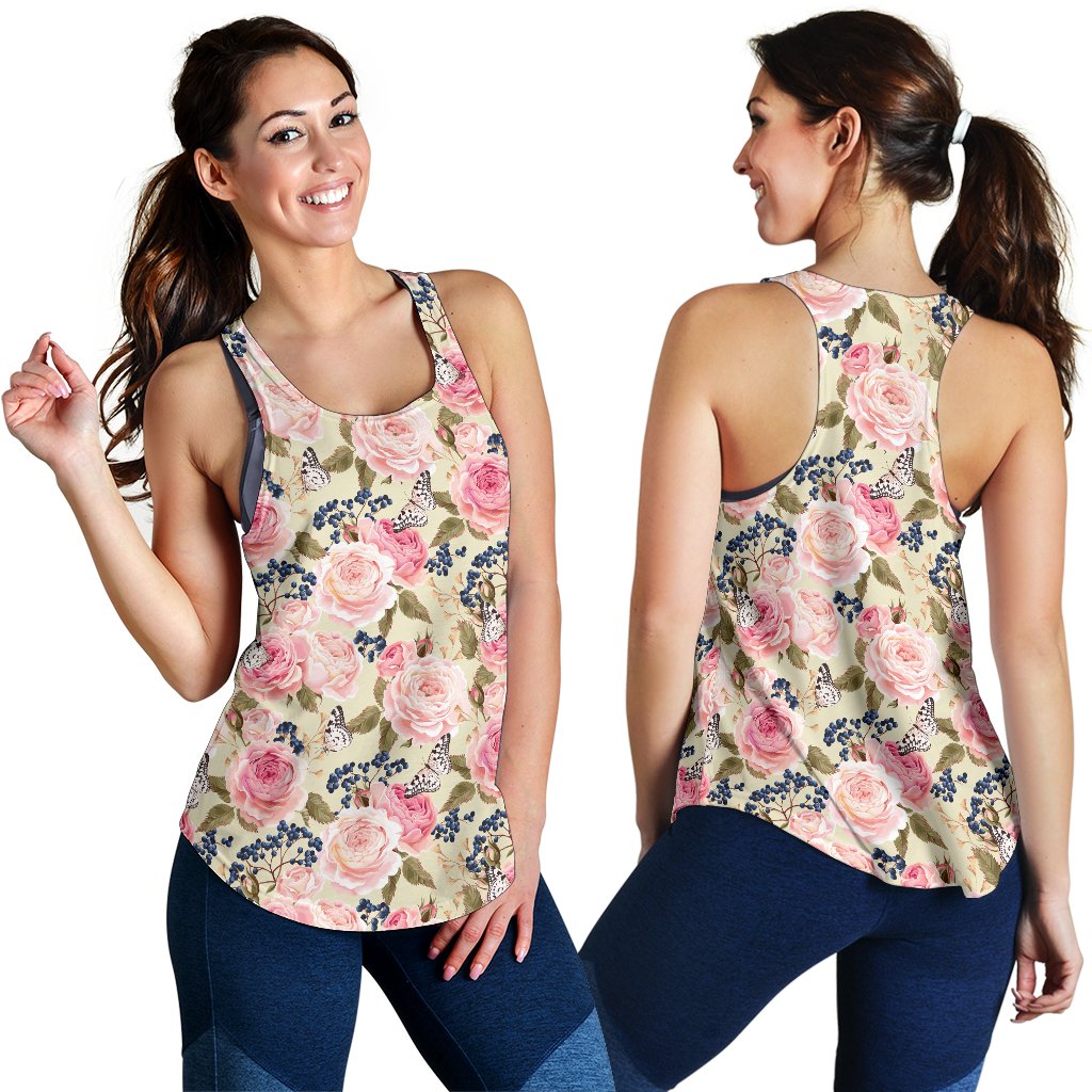 Floral Pink Butterfly Print Women Racerback Tank Top