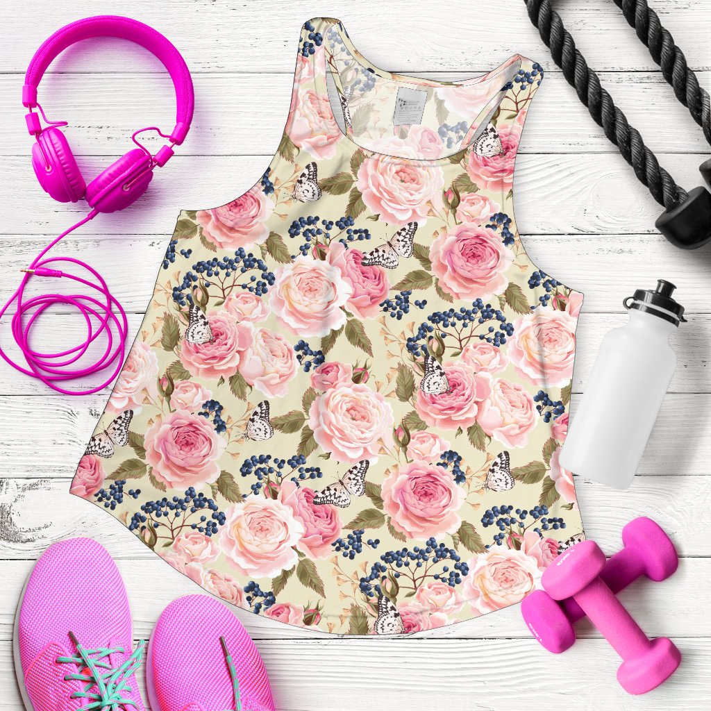 Floral Pink Butterfly Print Women Racerback Tank Top