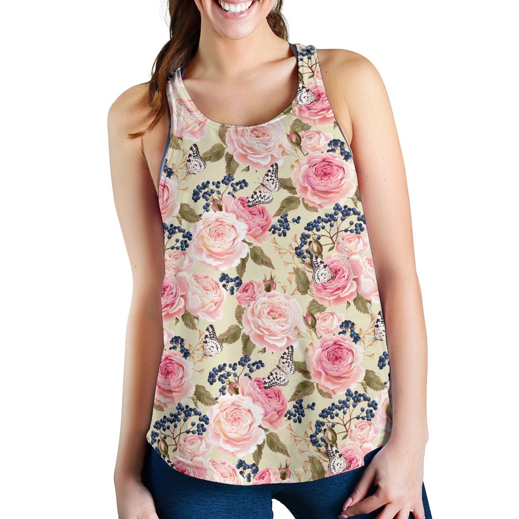 Floral Pink Butterfly Print Women Racerback Tank Top
