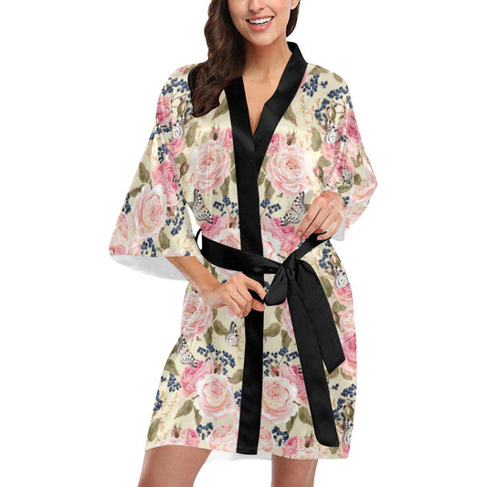 Floral Pink Butterfly Print Women Short Kimono Robe