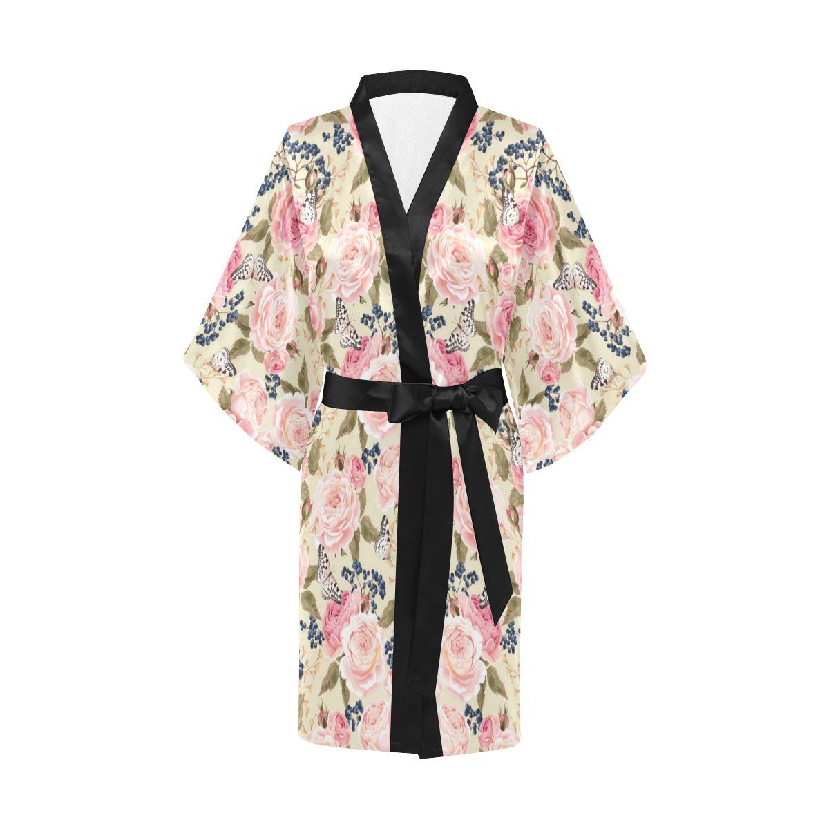 Floral Pink Butterfly Print Women Short Kimono Robe