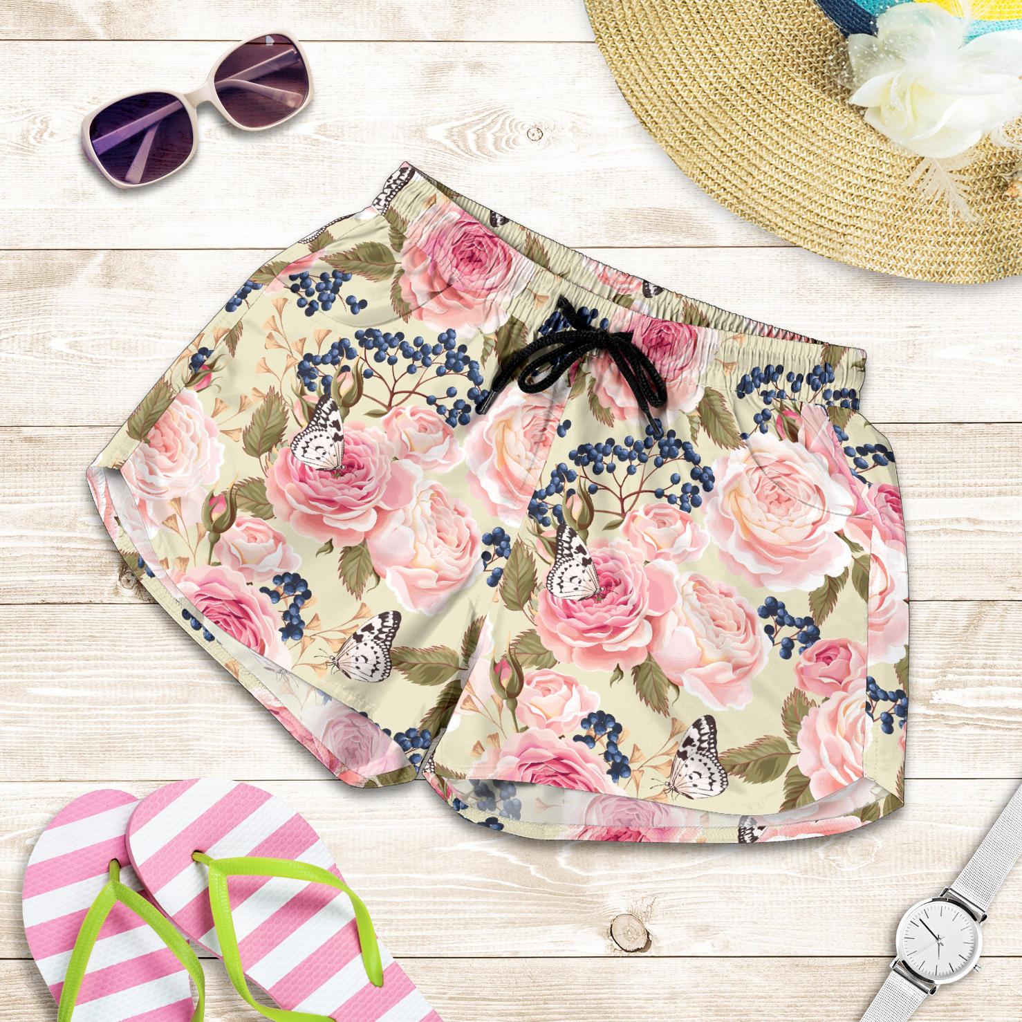 Floral Pink Butterfly Print Women Shorts-JTAMIGO.COM
