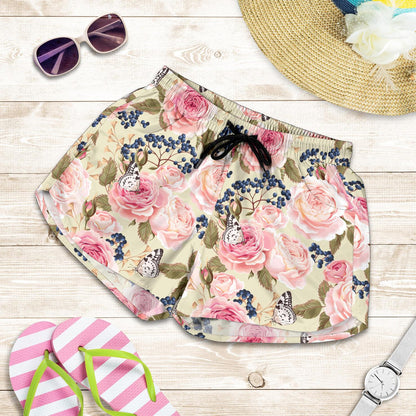 Floral Pink Butterfly Print Women Shorts-JTAMIGO.COM