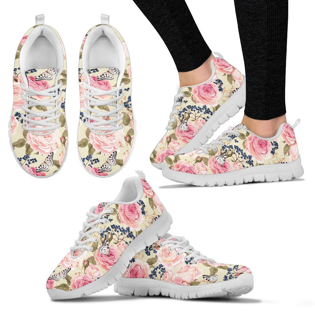 Floral Pink Butterfly Print Women Sneakers Shoes