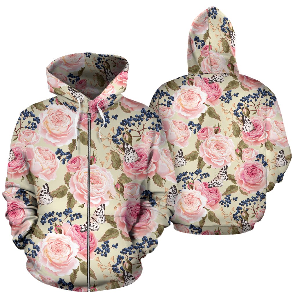 Floral Pink Butterfly Print Zip Up Hoodie